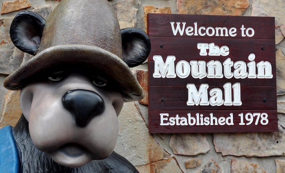 A bear statue and sign at the Gatlinburg Mountain Mall.
