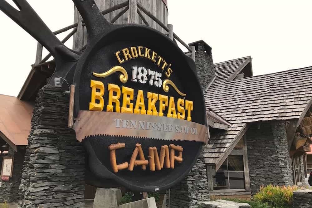 The sign for Crockett's Breakfast Camp in Gatlinburg.