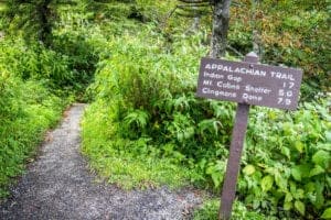 A sign for the Appalachian Trail in the Smoky Mountains.