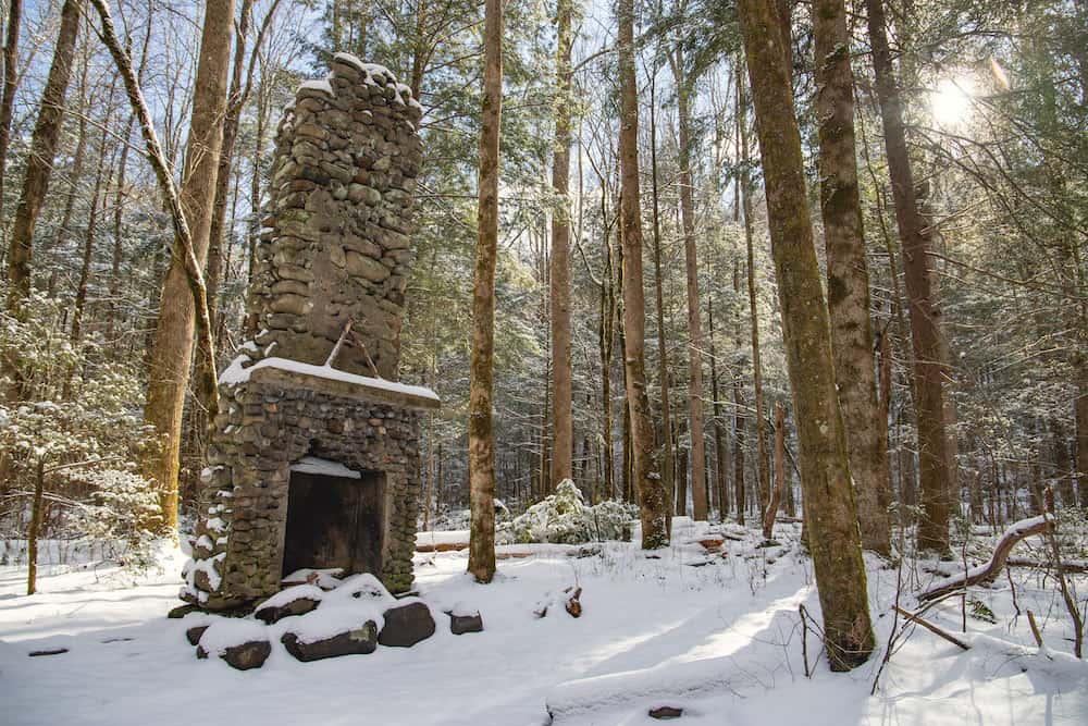 old chimney in the snow in the Smoky Mountains