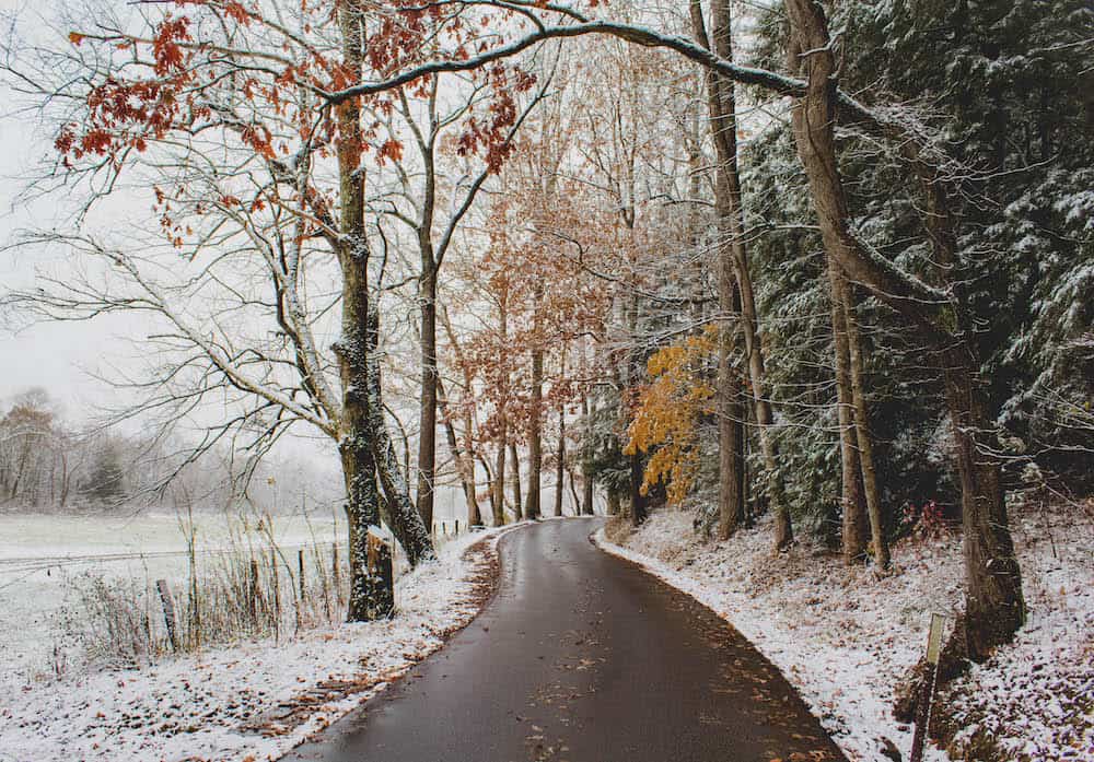 cades cove loop road in winter with snow